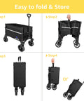 Collapsible Wagon Cart With 360 Degree Front Wheels 120L showing folding steps for easy transport and storage.