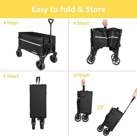 Collapsible Wagon Cart With 360 Degree Front Wheels 120L showing folding steps for easy transport and storage.