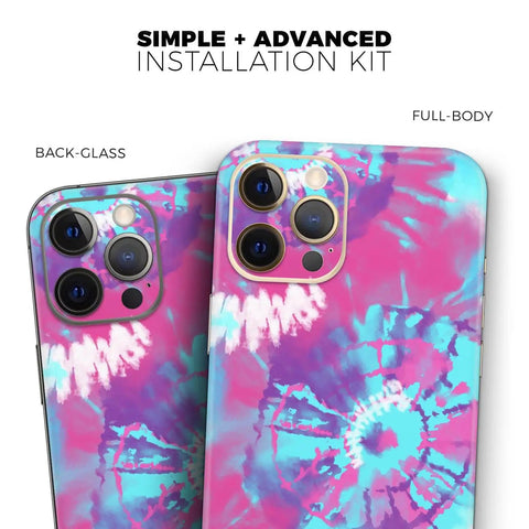 Full Body IPhone Skin Decal Wrap Kit With Spiral Tie Dye Pattern V5 shown on iPhone with pink and blue design