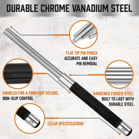 5 Piece Roll Pin Punch Set 8 Inch Carbon Steel Pro Grade Pin Punch Tool Kit with chrome vanadium steel and knurled grip