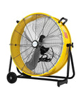 Heavy Duty 24 Inch High Velocity Drum Fan Pushing 8100 CFM Industrial Electric Airflow bulletproof metal shop ventilator blower in yellow.