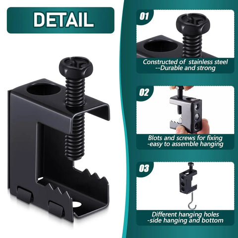 Close-up of 100 Piece Pro Grade Heavy Duty Beam Clamps Kit for 1/4-20 Threaded Rods with details on assembly and use