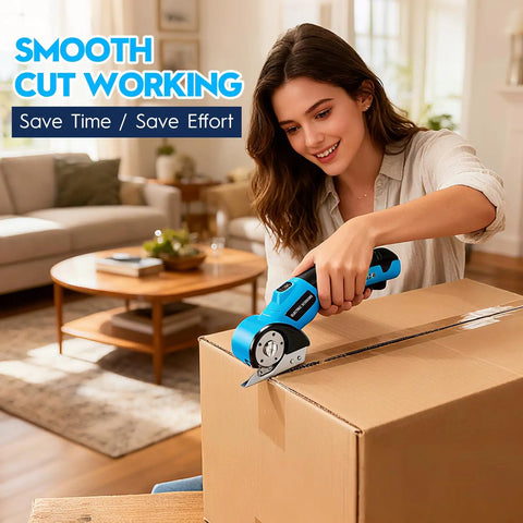 Heavy Duty Cordless Electric Scissors With Rechargeable Rotary Blade And LED Light Safety Lock For No Sweat Cutting Of Cardboard Fabric Carpet Leather And Cloth Slick Power Shears Blue being used to cut a box.