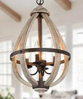 Orb Wood Farmhouse Chandelier With Four Lights, hand brushed rust metal stand, brown finish, rustic industrial modern decor