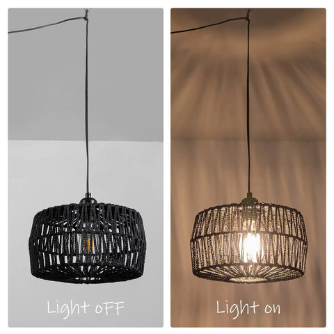 Black Woven Plug In Pendant Light With On Off Switch Rustic Round Ceiling Fixture Made From Natural Fibers Cozy Glow