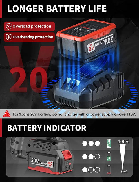 20V Brushless Cordless Rotary Hammer Drill With 4.0Ah Battery And Charger showing battery life and protection features