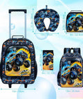 Amazon five-piece kids luggage set in black monster-truck print; includes 18-inch wheeled carry-on suitcase.