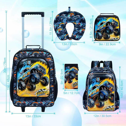 Amazon five-piece kids luggage set in black monster-truck print; includes 18-inch wheeled carry-on suitcase.