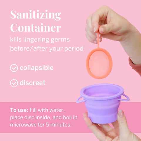 Purple and orange sanitizing container from Menstrual Disc Starter Kit With Medical Grade Silicone All Inclusive Set.