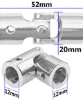 Two chrome metal 12mm-to-12mm universal U-joint couplers shown from different angles.