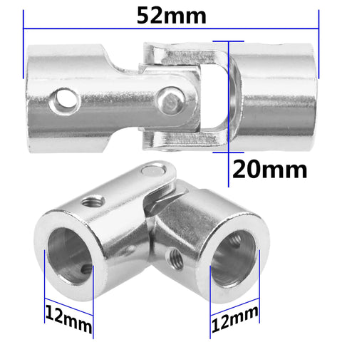 Two chrome metal 12mm-to-12mm universal U-joint couplers shown from different angles.
