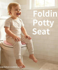 No Sweat Portable Potty For Toddler Pink Travel Training Seat that snaps securely onto standard toilets, toddler smiling while seated.