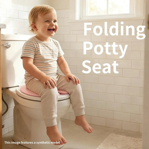 No Sweat Portable Potty For Toddler Pink Travel Training Seat that snaps securely onto standard toilets, toddler smiling while seated.