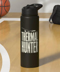 Black insulated stainless steel water bottle with 'Thermal Hunter' text, designed for sailplane pilots and glider fans.