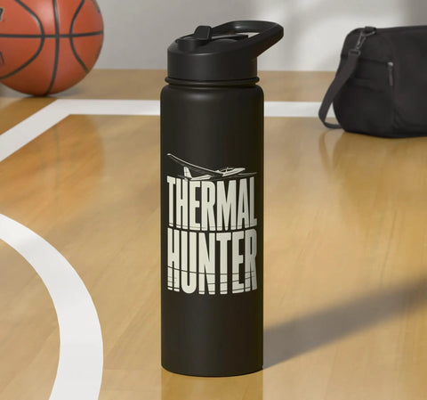 Black insulated stainless steel water bottle with 'Thermal Hunter' text, designed for sailplane pilots and glider fans.