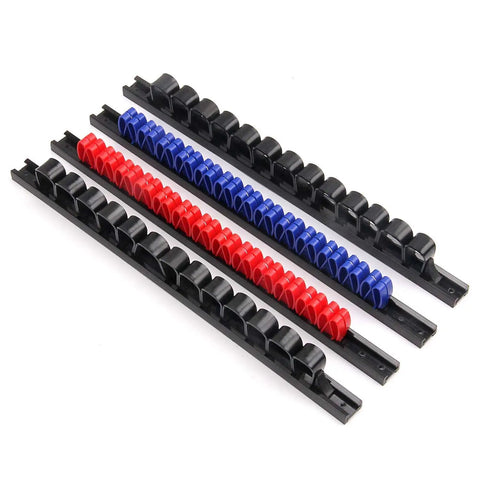 Four Piece Screwdriver And Wrench Organizer Wall Mount Tool Holder with clips for garage or workshop, showing four rails.