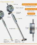 Front view of Neoteck digital dial bore gauge with 0.7-6 in range, 6 in depth, includes 23 anvils