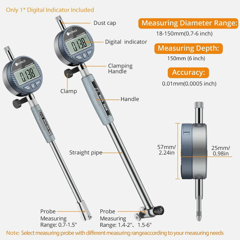 Front view of Neoteck digital dial bore gauge with 0.7-6 in range, 6 in depth, includes 23 anvils