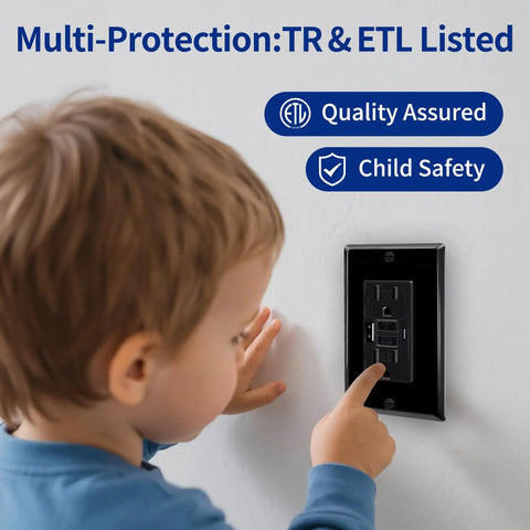Child pointing at Heavy Duty Black 15 Amp GFCI Outlet With USB C And USB A Fast Charge Ports, 7 Pack Self Test Ground Fault Wall Socket.