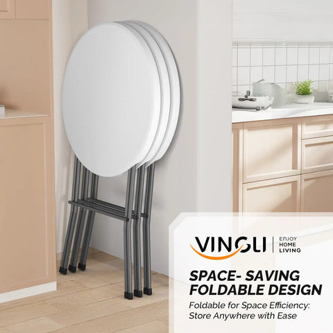32 Inch Plastic Folding Round Bar Height Table With Gray Metal Finish stored in a kitchen corner showcasing space-saving design