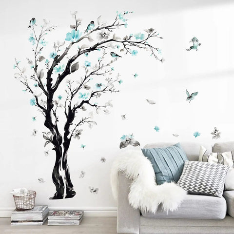 Epic Watercolor Tree Wall Decals With Blue Flower Branches Easy Peel And Stick Waterproof And Removable Perfect For Living Room Bedroom Or Kitchen Decor Giant Size Options 63 Inch Or 48 Inch displayed on a living room wall