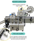 Heavy Duty Round Bottle Labeling Machine Horizontal Desktop Conveyor System High Speed Output showing adjustable labeling height and fiber optic amplifier.