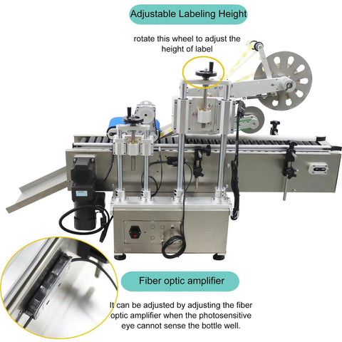 Heavy Duty Round Bottle Labeling Machine Horizontal Desktop Conveyor System High Speed Output showing adjustable labeling height and fiber optic amplifier.