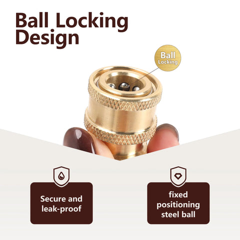 Close-up of brass 1/4-inch quick-connect pressure washer fitting with ball-locking design (coupler to female NPT)