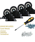 8 Pack 2 Inch Heavy Duty Swivel Plate Caster Wheels With Double Brake And PU Foam No Noise For Furniture Tables Trolleys Workbenches And Garage Use Each Caster Supports Up To 150 Lbs Durable Top Plate With Double Ball Bearing For Smooth Quiet Rolling shown with screws, washers, and screwdriver included