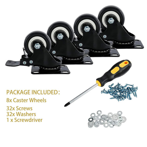 8 Pack 2 Inch Heavy Duty Swivel Plate Caster Wheels With Double Brake And PU Foam No Noise For Furniture Tables Trolleys Workbenches And Garage Use Each Caster Supports Up To 150 Lbs Durable Top Plate With Double Ball Bearing For Smooth Quiet Rolling shown with screws, washers, and screwdriver included