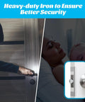 A hand gripping a door handle beside a close-up of a heavy-duty iron door latch for security. 7-Inch Heavy-Duty Door Latch Guard Plates 2 Pack L-Shaped Security Striker Plate Reinforcement Shield Blocks Deadbolt Access Prevents Prying Entry With Screws.