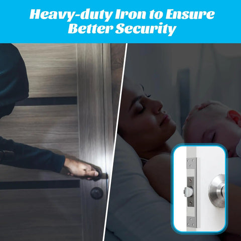 A hand gripping a door handle beside a close-up of a heavy-duty iron door latch for security. 7-Inch Heavy-Duty Door Latch Guard Plates 2 Pack L-Shaped Security Striker Plate Reinforcement Shield Blocks Deadbolt Access Prevents Prying Entry With Screws.