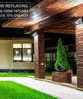 Two Pack 30W LED Wall Pack With Dusk To Dawn Photocell Adjustable Head Full Cut Off Security Light illuminating a wooden patio