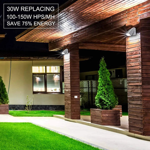 Two Pack 30W LED Wall Pack With Dusk To Dawn Photocell Adjustable Head Full Cut Off Security Light illuminating a wooden patio