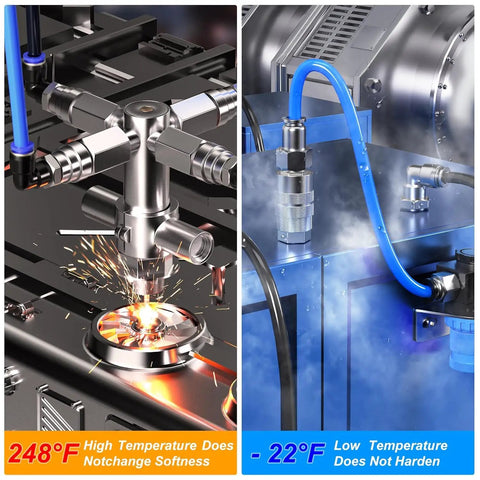 Black Heavy Duty Three Eighths Inch OD Nylon Pneumatic Air Tubing Kit showing high and low temperature resistance in industrial settings