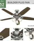 52 Inch Indoor Ceiling Fan With LED Lights And Pull Chain, Room Ready For Bedroom Or Living Room, Brushed Nickel, Five Blades