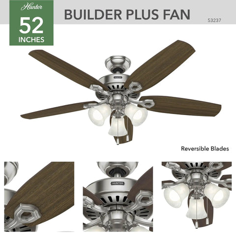 52 Inch Indoor Ceiling Fan With LED Lights And Pull Chain, Room Ready For Bedroom Or Living Room, Brushed Nickel, Five Blades