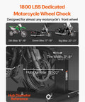 Diagram showing Heavy Duty Motorcycle Wheel Chock Stand With 1800 Lb Capacity Steel Construction 6 Adjustable Holes Fits 15 To 22 Inch Wheels Works With Off Road And Street Bikes Built To Last Tough As Nails For Real World Use in use with various motorcycle types.