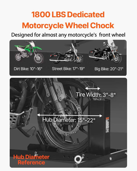 Diagram showing Heavy Duty Motorcycle Wheel Chock Stand With 1800 Lb Capacity Steel Construction 6 Adjustable Holes Fits 15 To 22 Inch Wheels Works With Off Road And Street Bikes Built To Last Tough As Nails For Real World Use in use with various motorcycle types.
