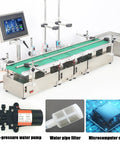 Heavy Duty Automatic Liquid Filling Machine On Rugged Conveyor Belt Built Tough Double Head Bottle Filler With High Speed Weighing Calibration for beverages, featuring touchscreen and water pump.