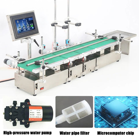Heavy Duty Automatic Liquid Filling Machine On Rugged Conveyor Belt Built Tough Double Head Bottle Filler With High Speed Weighing Calibration for beverages, featuring touchscreen and water pump.