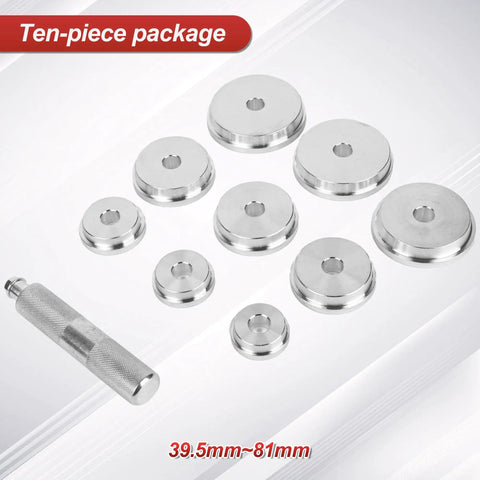All In One Bearing Race And Seal Driver Set With 9 Adapters And 5.5 Inch Handle showing discs from 39.5mm to 81mm