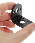 Black metal motor mounting bracket for 25mm DC gear motors; L-shaped base with mounting holes