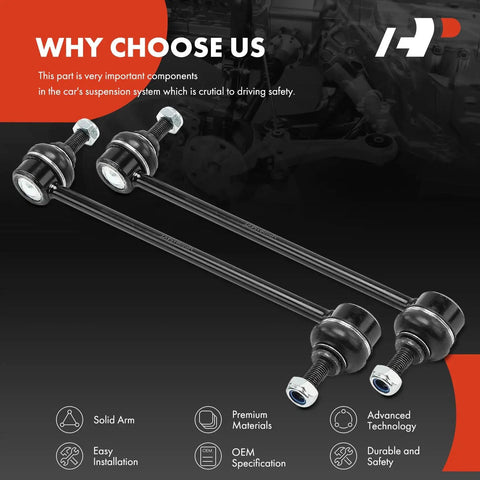 Two Front Sway Bar End Links for Chevrolet Spark 2013-2015 and Spark EV 2014-2016 in black steel, angled view.