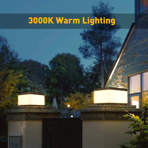 Outdoor Solar Post Cap Light With Warm 3000K LED illuminating a decorative gate under a night sky, IP54 waterproof design