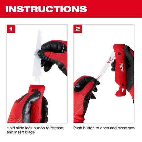 Folding Jab Saw For Multi Material Cutting With Quick Change Blade Lock instructions with gloved hands