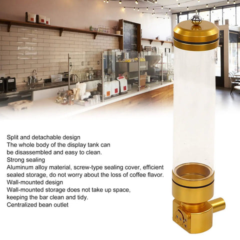 Sick Wall Mount Coffee Bean Dispenser Heavy Hitter Acrylic Canister showcasing clear storage tank and sharp gold finish.