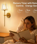 Sparkling Crystal Wall Sconces Set Of Two, Rechargeable Wireless Wall Lights With Remote, Dazzling Gold Touch Dimmer For Cozy Indoor Vibes, Quick Install Zero Wiring Drama, with timer and reading woman.