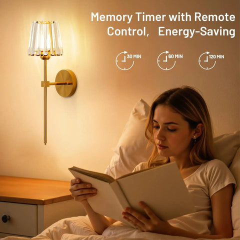 Sparkling Crystal Wall Sconces Set Of Two, Rechargeable Wireless Wall Lights With Remote, Dazzling Gold Touch Dimmer For Cozy Indoor Vibes, Quick Install Zero Wiring Drama, with timer and reading woman.