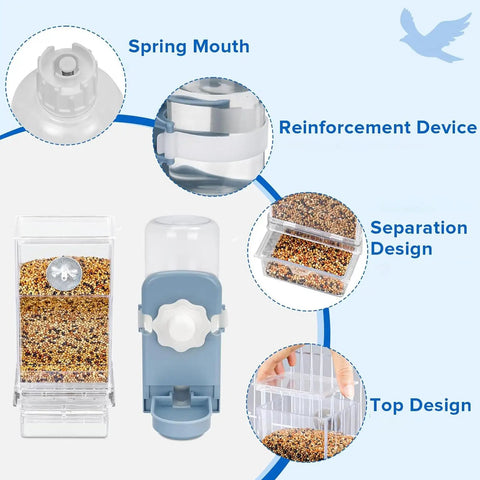 No Sweat Automatic Bird Feeder And Waterer Set With Gravity Fed System showing spring mouth and separation design for easy use.